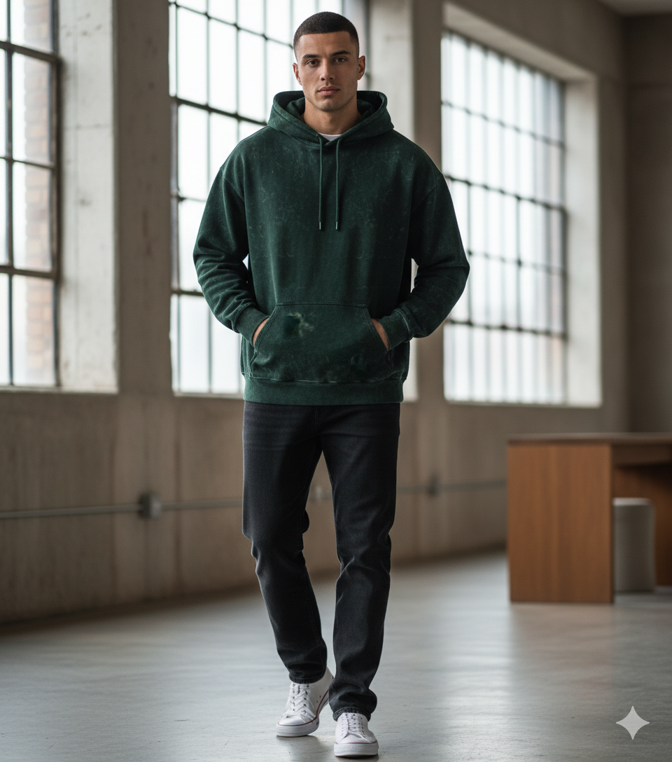 Unisex Acid Washed Hoodie{Green}